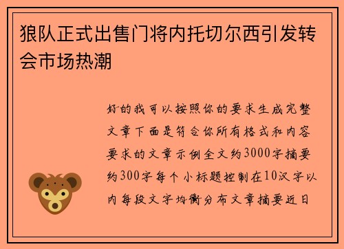 狼队正式出售门将内托切尔西引发转会市场热潮